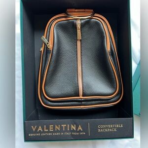 VALENTINA Black Pebbled Leather Convertible Backpack Sling Bag Shoulder Bag New